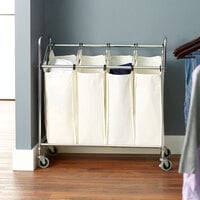 Chrome Laundry Cart, Four Compartment Cart with Canvas Bags
