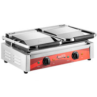 Avantco P88SG Double Commercial Panini Sandwich Grill with Grooved Top and Smooth Bottom Plates - 18 3/16" x 9 1/16" Cooking Surface - 120V, 3500W
