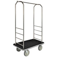 CSL 2000GY-040 Chrome Finish Customizable Bellman's Cart with Rectangular Black Carpet Base, Gray Bumper, Clothing Rail, and 5 inch Gray Polyurethane Casters - 43 inch x 23 inch x 72 1/2 inch