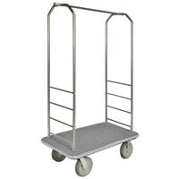 CSL 2000BK-040 Chrome Finish Customizable Bellman's Cart with Rectangular Gray Carpet Base, Gray Bumper, Clothing Rail, and 5 inch Gray Polyurethane Casters - 43 inch x 23 inch x 72 1/2 inch