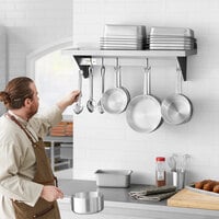Regency 15 inch x 36 inch Stainless Steel Wall Mounted Pot Rack with Shelf and 18 Galvanized Hooks