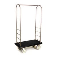 CSL 2099BK-050 Brushed Stainless Steel Finish Customizable Bellman's Cart with Rectangular Black Carpet Base, Black Bumper, Clothing Rail, and 8 inch Gray Polyurethane Casters - 43 inch x 23 inch x 72 1/2 inch