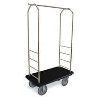 CSL 2099BK-020 Brushed Stainless Steel Finish Customizable Bellman's Cart with Rectangular Black Carpet Base, Black Bumper, Clothing Rail, and 8 inch Gray Pneumatic Casters - 43 inch x 23 inch x 72 1/2 inch