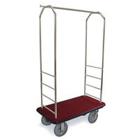 CSL 2099BK-020 Brushed Stainless Steel Finish Customizable Bellman's Cart with Rectangular Red Carpet Base, Black Bumper, Clothing Rail, and 8 inch Gray Pneumatic Casters - 43 inch x 23 inch x 72 1/2 inch