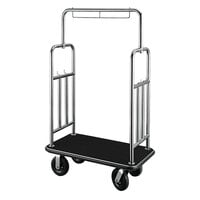 CSL 2799BK-010-BLK Polished Stainless Steel Finish Deluxe Customizable Bellman's Cart with Rectangular Black Carpet Base, Black Bumper, Squared Top / Side Bars, and 8 inch Black Pneumatic Casters