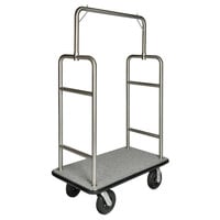 CSL 2599BK-010-GRY Brushed Stainless Steel Finish Heavy Duty Customizable Bellman's Cart with Rectangular Gray Carpet Base, Black Bumper, Squared Top Clothing Rail, and 8 inch Black Pneumatic Casters - 44 inch x 24 inch x 69 inch