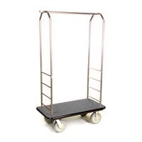 CSL 2099BK-050 Brushed Stainless Steel Finish Customizable Bellman's Cart with Rectangular Gray Carpet Base, Black Bumper, Clothing Rail, and 8 inch Gray Polyurethane Casters - 43 inch x 23 inch x 72 1/2 inch