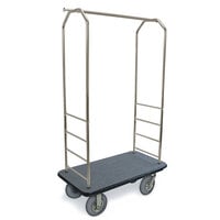 CSL 2099BK-020 Brushed Stainless Steel Finish Customizable Bellman's Cart with Rectangular Gray Carpet Base, Black Bumper, Clothing Rail, and 8 inch Gray Pneumatic Casters - 43 inch x 23 inch x 72 1/2 inch