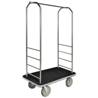 CSL 2099GY-050 Stainless Steel Finish Customizable Bellman's Cart with Rectangular Black Carpet Base, Gray Bumper, Clothing Rail, and 8 inch Gray Polyurethane Casters - 43 inch x 23 inch x 72 1/2 inch