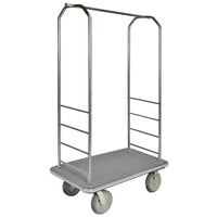 CSL 2099GY-050 Stainless Steel Finish Customizable Bellman's Cart with Rectangular Gray Carpet Base, Gray Bumper, Clothing Rail, and 8 inch Gray Polyurethane Casters - 43 inch x 23 inch x 72 1/2 inch