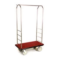 CSL 2099BK-050 Stainless Steel Finish Customizable Bellman's Cart with Rectangular Red Carpet Base, Black Bumper, Clothing Rail, and 8 inch Gray Polyurethane Casters - 43 inch x 23 inch x 72 1/2 inch