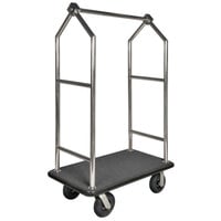 CSL 2699BK-010-GRY Stainless Steel Finish Heavy Duty Customizable Bellman's Cart with Rectangular Gray Carpet Base, Black Bumper, Angled Top Clothing Rail, and 8 inch Black Pneumatic Casters - 44 inch x 24 inch x 70 inch