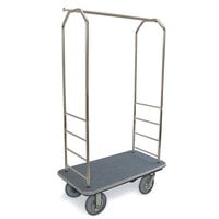CSL 2099GY-020 Brushed Stainless Steel Finish Customizable Bellman's Cart with Rectangular Gray Carpet Base, Gray Bumper, Clothing Rail, and 8 inch Gray Pneumatic Casters - 43 inch x 23 inch x 72 1/2 inch
