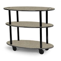 Geneva 36304-09 Oval 3 Shelf Laminate Table Side Service Cart with Handle Cutouts and Beige Suede Finish - 23 inch x 44 inch x 35 1/4