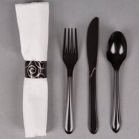 Hoffmaster 119971 CaterWrap 17 inch x 17 inch Pre-Rolled Silver Swirl Linen-Like White Napkin and Black Heavy Weight Plastic Cutlery Set - 100/Case