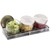 Cal-Mil 1850-5-55 Mixology Stainless Steel Three 32 oz. Jar Horizontal Display with Metal Lids - 16 1/2 inch x 6 inch x 6 3/4 inch