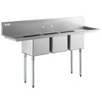 Regency 79 inch 16-Gauge Stainless Steel Three Compartment Commercial Sink with Galvanized Steel Legs and 2 Drainboards - 15 inch x 15 inch x 12 inch Bowls