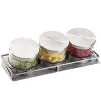 Cal-Mil 1850-4-55 Mixology Stainless Steel Three 16 oz. Jar Horizontal Display with Metal Lids- 13 1/2 inch x 5 inch x 4 3/4 inch