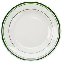 Tuxton TGB-007 Green Bay 7 1/8" Eggshell Wide Rim Rolled Edge China Plate with Green Bands - 36/Case