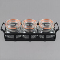 Cal-Mil 3335-13 Black Rustic Jar Condiment Display with 17 oz. Jars - 12 3/4 inch x 5 inch x 5 3/4 inch