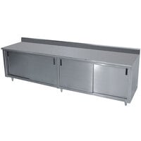 Advance Tabco CK-SS-309M 30 inch x 108 inch 14 Gauge Work Table with Cabinet Base and Mid Shelf - 5 inch Backsplash