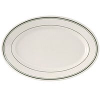 Tuxton TGB-043 Green Bay 14 1/8" x 10" Eggshell Wide Rim Rolled Edge Oval China Platter with Green Bands - 12/Case