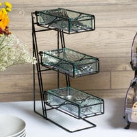 Cal-Mil 1235-13-43 Black 3-Tier Metal Flatware / Condiment Display with Faux Glass Bins