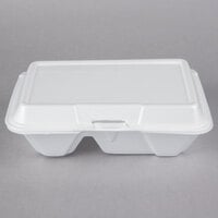 Dart 205HT2 9" x 6" x 3" White Foam 2 Compartment Take Out Container with Perforated Hinged Lid - 100/Pack