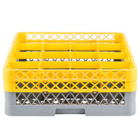 Noble Products 16-Compartment Gray Full-Size Glass Rack with 2 Yellow Extenders - 19 3/8 inch x 19 3/8 inch x 7 1/4 inch