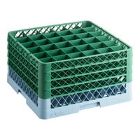 Noble Warewashing 36-Compartment Gray Full-Size Glass Rack with 4 Green Extenders