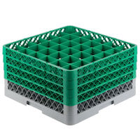 Noble Products 36-Compartment Gray Full-Size Glass Rack with 4 Green Extenders - 19 3/8 inch x 19 3/8 inch x 10 1/2 inch