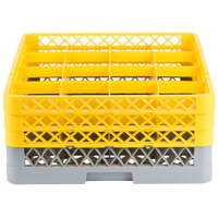 Noble Products 16-Compartment Gray Full-Size Glass Rack with 3 Yellow Extenders - 19 3/8 inch x 19 3/8 inch x 8 3/4 inch