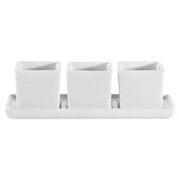 CAC DT-3RT7 Gourmet 7 1/2" X 2 1/2" Bright White Porcelain Tray with (3) 2 oz. Square Bowls - 10/Case
