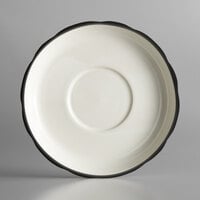 CAC 6" Ivory (American White) Scalloped Edge China Saucer with Black Band - 36/Case