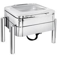 Eastern Tabletop 3974GS Jazz Swing 6 Qt. Stainless Steel Square Chafer with Pillar'd Stand and Hinged Glass Dome Cover