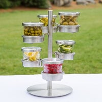 Cal-Mil 1858-4-55HL Mixology Stainless Steel Tiered 6 Jar Rotating Display for 16 oz. Jars with Hinged Lids - 14 inch x 11 inch x 11 1/4 inch