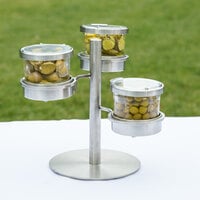 Cal-Mil 1855-4-55HL Mixology Stainless Steel Tiered 3 Jar Display for 16 oz. Jars with Hinged Lids - 14 inch x 11 inch x 11 1/4 inch