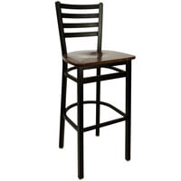 BFM Seating 2160BWAW-SB Lima Metal Ladder Back Barstool with Walnut Wooden Seat
