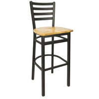 BFM Seating 2160BNTW-SB Lima Metal Ladder Back Barstool with Natural Wooden Seat