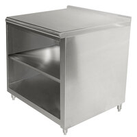 Advance Tabco EF-SS-303M 30 inch x 36 inch 14 Gauge Open Front Cabinet Base Work Table with Fixed Mid Shelf and 1 1/2 inch Backsplash