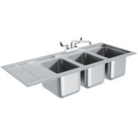 Advance Tabco DBS-43R Three Compartment Stainless Steel Drop-In Bar Sink with 12 inch Drainboard - 21 1/8 inch x 48 5/16 inch (Right Side Sink)