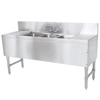 Advance Tabco PRB-19-63C 3 Compartment Prestige Series Underbar Sink with (2) 18" Drainboards and Splash Mount Faucet - 20" x 72"