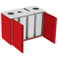Lakeside 3418RD Stainless Steel Rectangular Refuse (2) / Recycle / Paper Station with Top Access and Red Laminate Finish - 48 1/2 inch x 23 1/4 inch x 34 1/2 inch