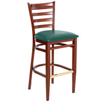 Lancaster Table & Seating Spartan Series Bar Height Metal Ladder Back Chair with Mahogany Wood Grain Finish and Green Vinyl Seat - Detached Seat