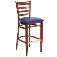 Lancaster Table & Seating Spartan Series Bar Height Metal Ladder Back Chair with Mahogany Wood Grain Finish and Navy Vinyl Seat - Detached Seat