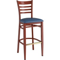 Lancaster Table & Seating Spartan Series Metal Ladder Back Bar Stool with Mahogany Wood Grain Finish and Navy Vinyl Seat