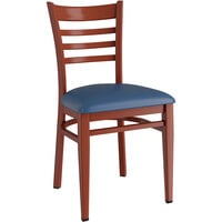Lancaster Table & Seating Spartan Series Metal Ladder Back Chair with Mahogany Wood Grain Finish and Navy Vinyl Seat