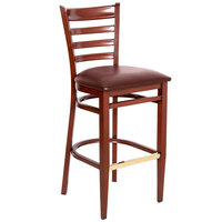 Lancaster Table & Seating Spartan Series Bar Height Metal Ladder Back Chair with Mahogany Wood Grain Finish and Burgundy Vinyl Seat - Detached Seat