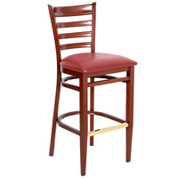 Lancaster Table & Seating Spartan Series Bar Height Metal Ladder Back Chair with Mahogany Wood Grain Finish and Red Vinyl Seat - Detached Seat