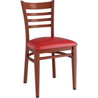 Lancaster Table & Seating Spartan Series Metal Ladder Back Chair with Mahogany Wood Grain Finish and Red Vinyl Seat - Assembled